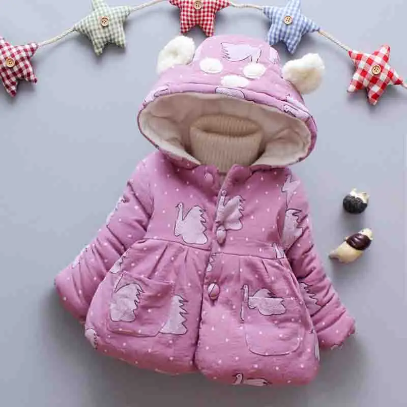BibiCola/верхняя одежда новорожденным зимнее пальто с капюшоном и принтом лебедя для маленьких девочек теплая Толстая куртка для От 0 до 2 лет