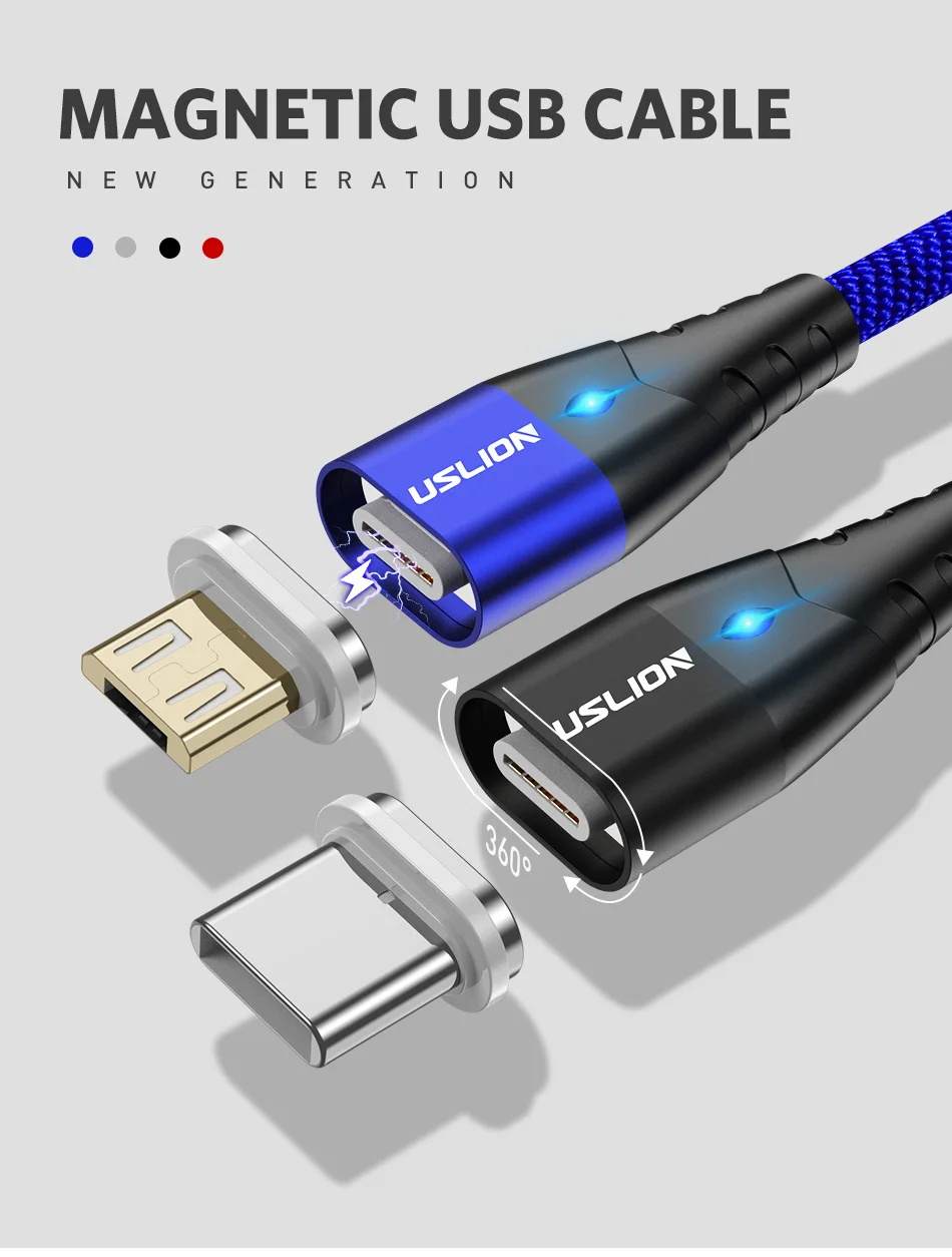 Магнитный кабель USLION Micro USB Type C для iPhone XS Max XR Samsung S10 3A кабель для быстрой зарядки Type-C Магнитный кабель для зарядки 1 м 2 м