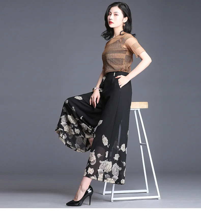 LXUNYI 4XL Летняя шифоновая юбка брюки для девочек для женщин; большие размеры эластичный пояс цветочный принт женские широкие брюки