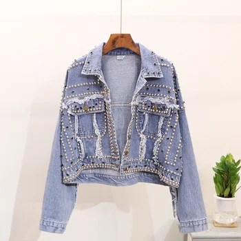 

Autumn Ripped Jeans Jacket Woman 2018 New Fashion Rivets Loose Short Denim Jackets Coats Girls Student Street Wear Basic Coat
