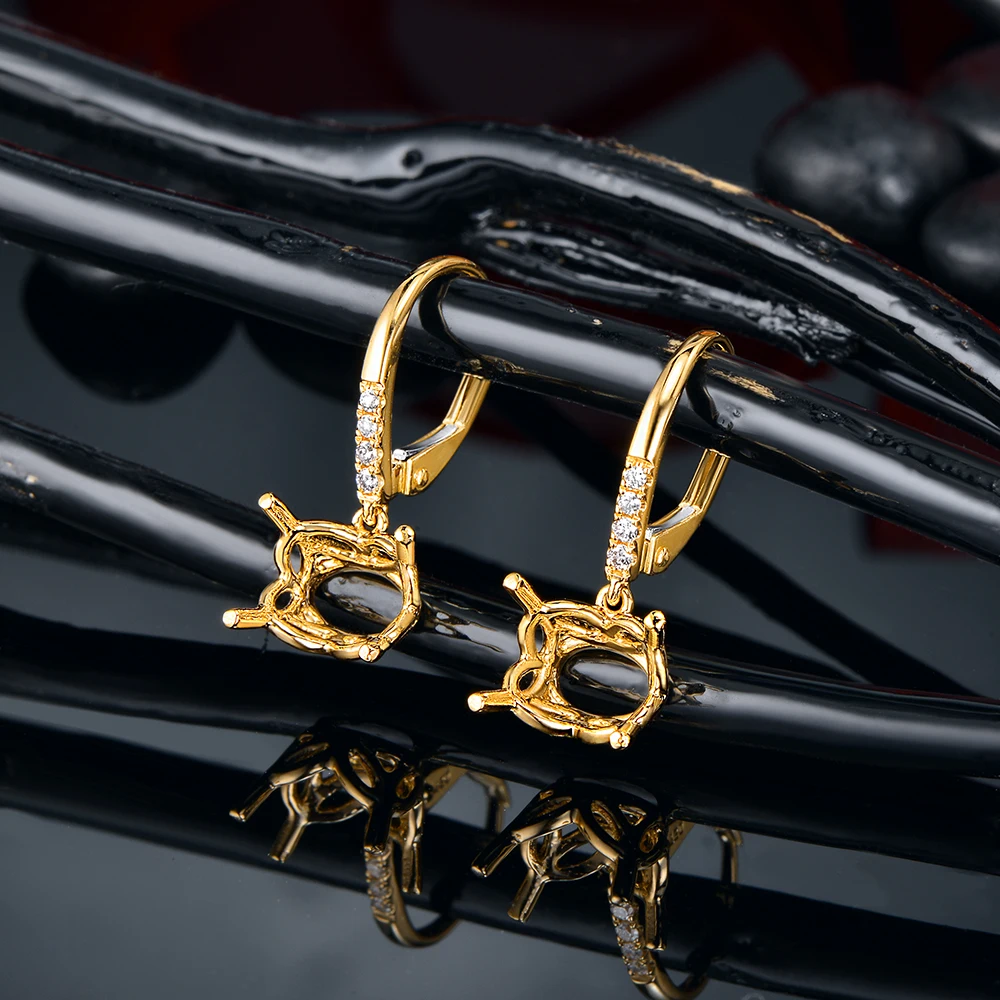 Caimao 7x9mm Oval Cut Solid 14kt Yellow Gold Leverback Semi Mount Earrings Settings