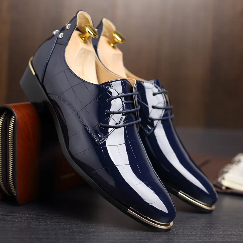 Большие размеры; китайская брендовая классическая мужская обувь; цвет черный, красный; в клетку; платье с эффектом пуш-ап из лакированной кожи; офисная элегантная обувь больших размеров для мужчин - Цвет: Blue