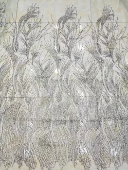 

5yards YF08# The silver-gray lines were hand-embroidered with beads for bridal wedding dress/sawing Free shipping