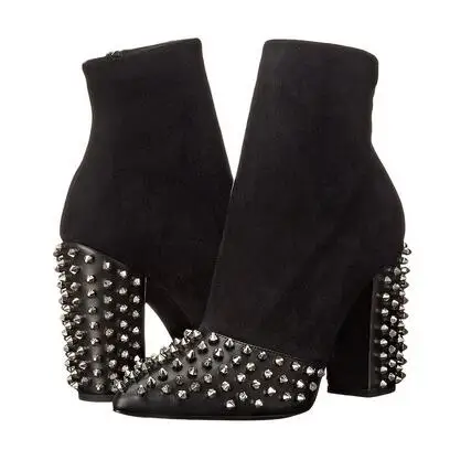 

Women black splicing rivets pointed toe medium heel ankle boots Ladies chunky heel short boots Fashion boots Winter snow boots