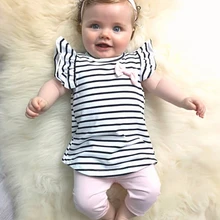 Одежда для новорожденных девочек, комплект одежды с короткими рукавами, повседневные топы в полоску с милым бантом, розовые штаны повязка на голову, Одежда для младенцев комплект из 3 предметов