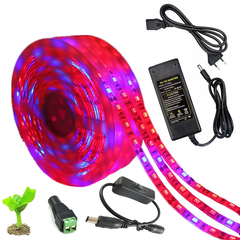 

5050 LED Grow Lights Waterproof DC12V Plant Growing LED Strip Light tape Set with Power Switch for Garden Aquarium Greenhouse