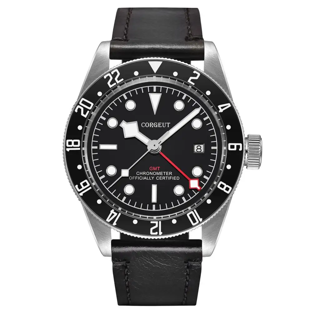 Corgeut Schwarz Bay GMT Мужские автоматические механические часы военные Роскошные Брендовые спортивные часы для плаванья кожаные механические наручные часы - Цвет: bl bezel White marks