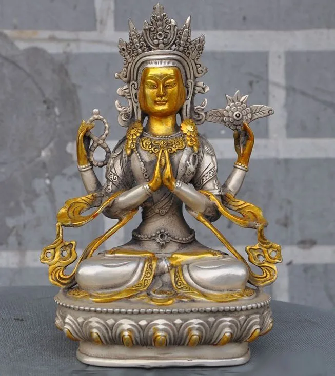

8"old Tibet Buddhism Silver Gilt Protect 4 Arm Chenrezig Guan Yin buddha Statue