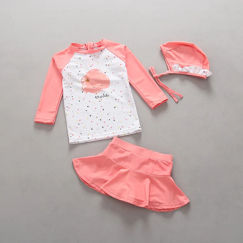 

Export to Korea Girls Swimwear Children Bathing Suit Two Pieces Long Sleeve Rashguard+ Skirt Trunks+Swim Cap Baby Girl Swimsuits