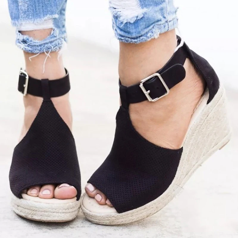 

Summer women's sandals size large 4-10.5 high heel sandals female leopard buckle fashion open toe fashion wedge sandals