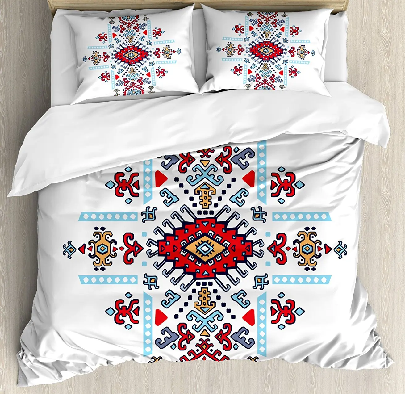 

Duvet Cover Set , Mexican and African Ethnic Tribal Ornamental Folkloric Unique Vintage Pattern, 4 Piece Bedding Set