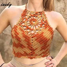 Вязаный крючком с высокой горловиной Для женщин Бикини Топ выдалбливают Купальники купальник бюстгальтер пляж танк