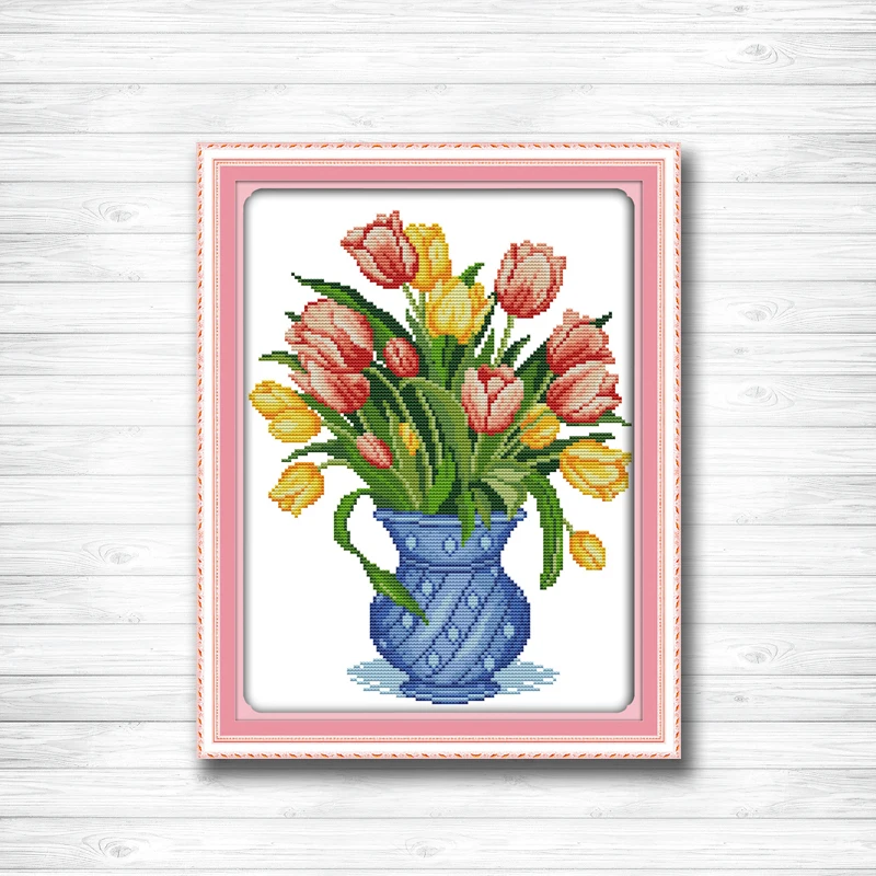 

Colorful Tulip vase Pattern print on canvas DMC 11CT 14CT Cross Stitch kit needlework Set hand made embroidery Beautiful Flower