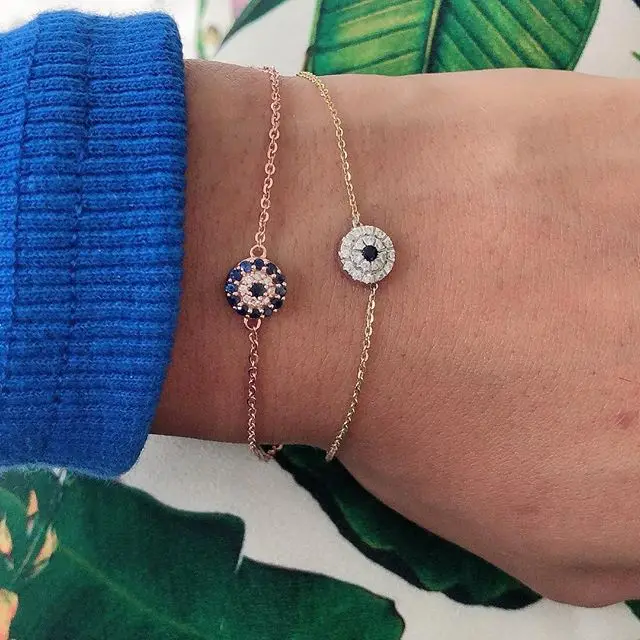 

2019 Real Charm Bracelet Women Link Chain Classic New 925 Sterling Micro Pave Bling 5 Raw Round delicate Evil Eye Chain Bracelet