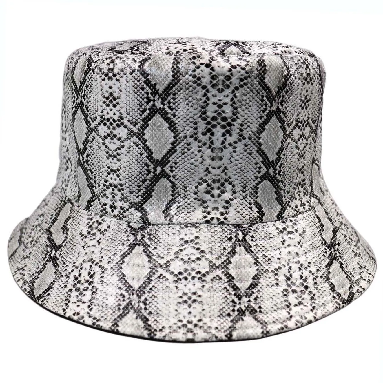 

2019 Artificial Leather Snake Print Both Sides Bucket Hat Fisherman Hat Outdoor Travel Hat Sun Cap Hats For Men And Women