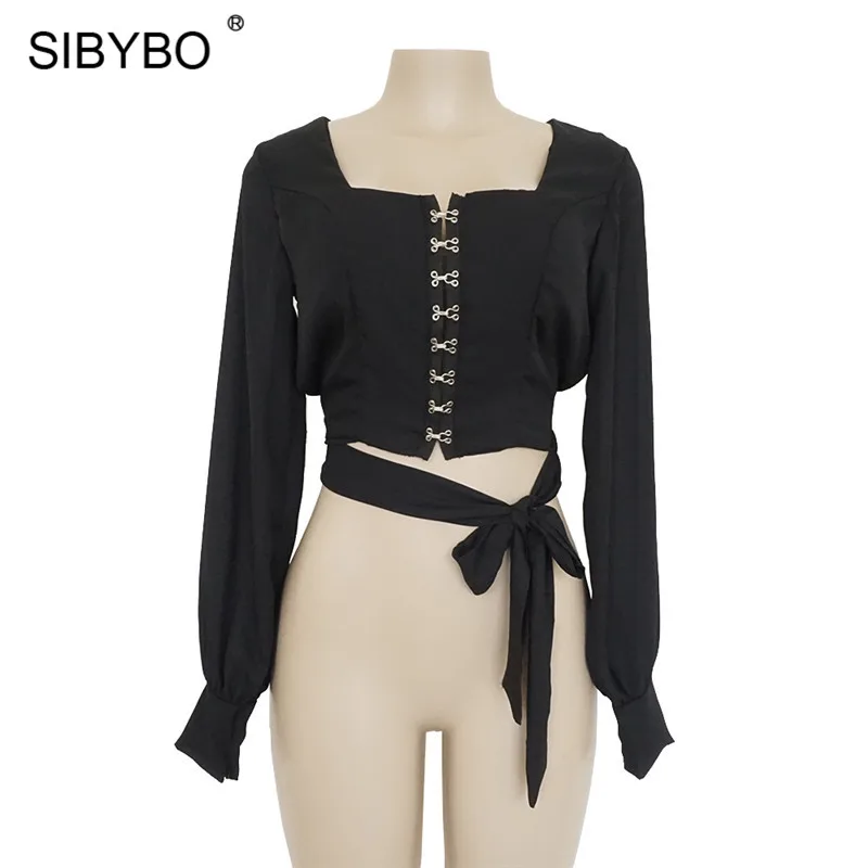 Sibybo, открытая спина, рукав-фонарик, короткая футболка для женщин, квадратный воротник, длинный рукав, летний укороченный Топ для женщин, галстук-бабочка, сексуальная женская футболка