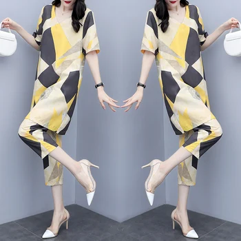 

Floral Print Large Size Women's Summer Suit Two Piece Set Year-old Female Costume Conjunto Feminino Ensemble Femme Survetement