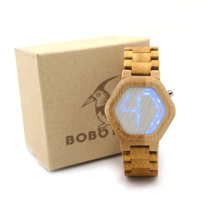 relogio BOBO BIRD LED Bamboo Wood Watches Digital Watch Men Kisai Night Vision Calendar Wristwatch Minimal Time Display C-eE03