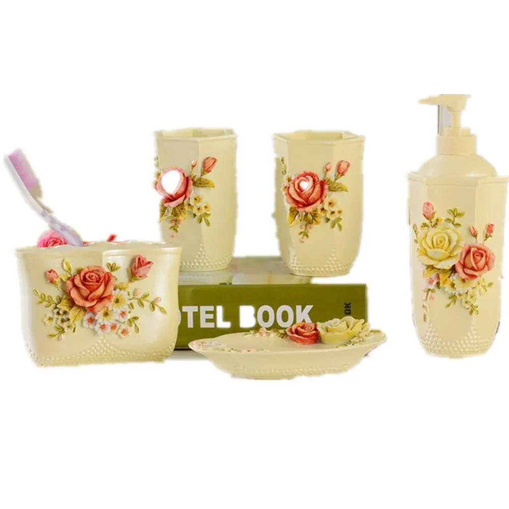 Novelty 4 Piece Hand Painted Roses Bathroom Accessory Set Rose Bathroom Accessory Set Rose