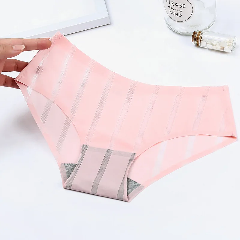 Pink DULASI, сексуальные бесшовные шелковые трусики, женское нижнее белье, прозрачные, дышащие, в полоску, трусы для женщин, хлопок, промежность, трусы - Цвет: Pink