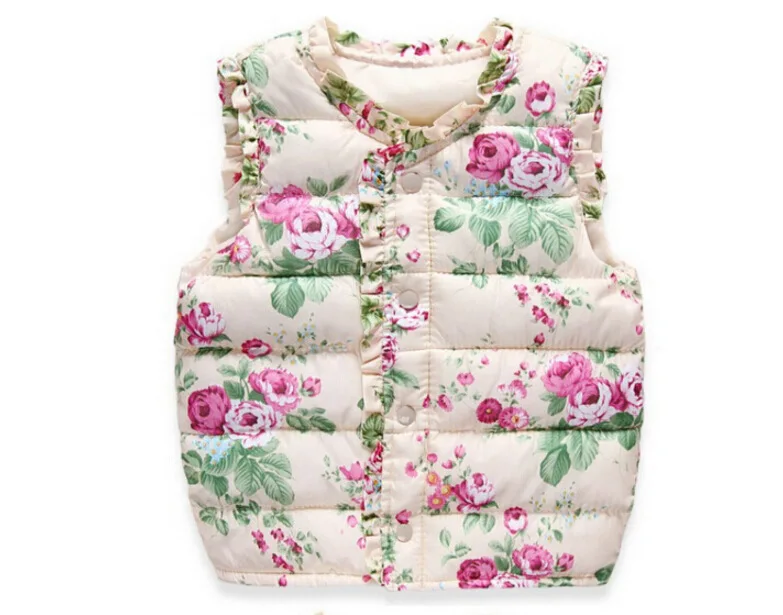 

2016 Autumn Spring Fashion Children's Jackets Sweet Floral Down Cotton Warm Girls Vest Kids Waistcoat Baby Girl Clothes