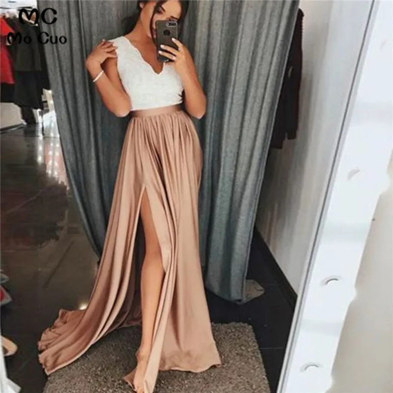 A-Line V-Neck Split Front Grey Long Prom Dress with Lace656