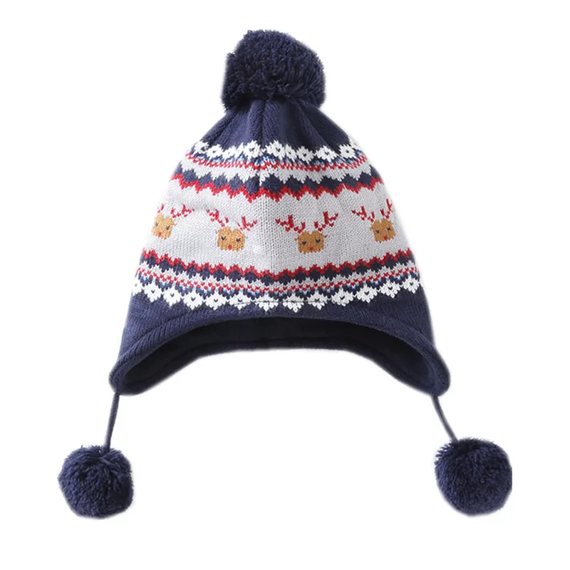 

boys geometric print winter warm earflap beanie hats children boy fashion casual christmas reindeer navy blue hat