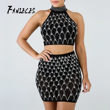 

FANIECES summer Women Diamonds Two Piece Set Dress Sleeveless Halter Crop Top and Bodycon Mini Skirt sexy night Club Outfits