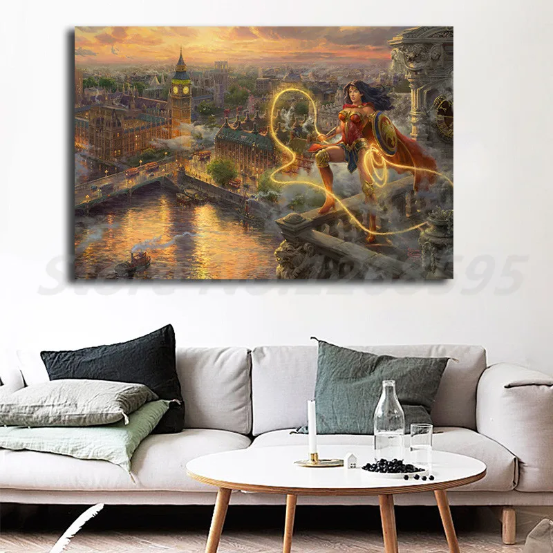 

SuperHero Wonder Woman Thomas Kinkade Canvas Painting Print Living Room Home Decor Modern Wall Art Oil Painting Poster Artwork