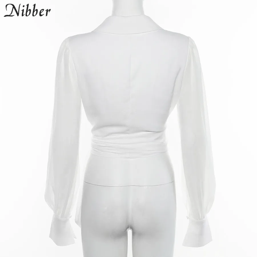 Nibber 2019Autumn Office ladies White Chiffon tops women full sleeve t-shirts Solid Elegant wild Slim Soft Belt tee shirts mujer