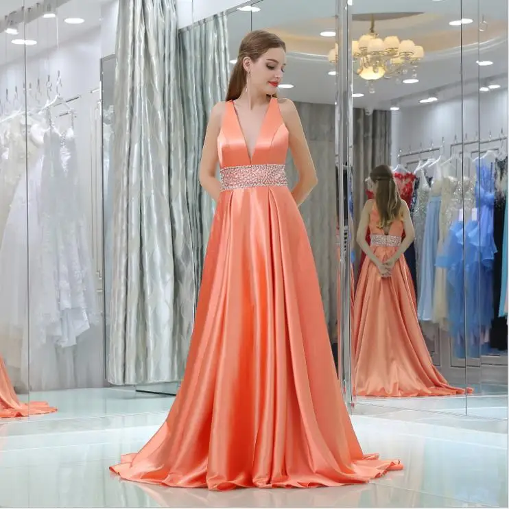

Orange Long Prom Dress for Wedding Party Maid of Honor Satin V-Neck A Line Beaded Belt Formal Bridesmaid Dress robe de soiree