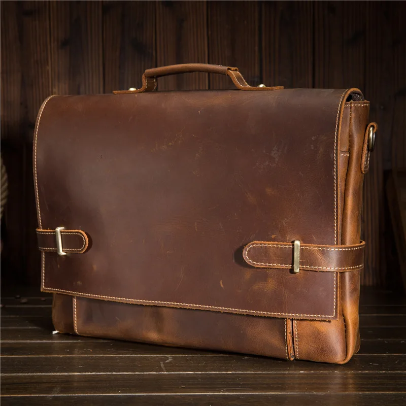Nesitu винтажный коричневый толстый портфель из натуральной кожи Crazy Horse 14 ''для ноутбука Offiice мужской портфель сумки через плечо M9090