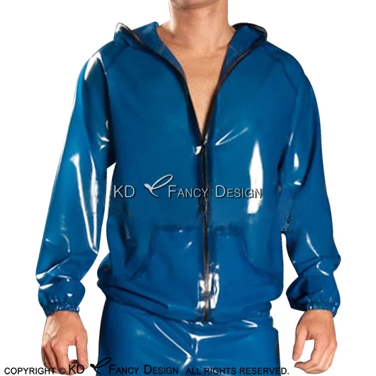 Transparant Blauw Met Zwarte Sexy Latex Jas Rits Aan de Voorzijde Met Hoodie Zakken Rubber Jas Top YF-0158 Transparant Blauw Met Zwarte Sexy Latex Jas Rits Aan de Voorzijde Met Hoodie Zakken Rubber Jas Top YF-0158