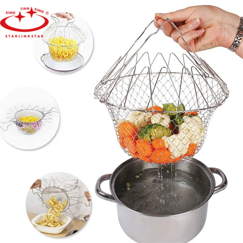 

1PC Foldable Fry Basket Steam Rinse Strain magic basket mesh basket Strainer Net Kitchen Cooking Tools Accessories Dropshipping