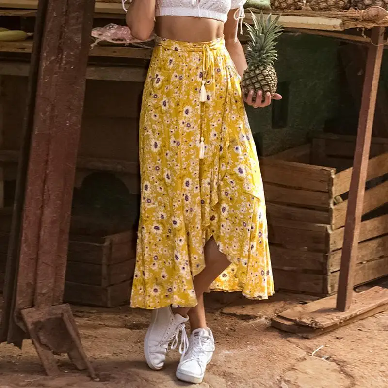 

Femajor Women Summer Beach Holiday Yellow Boho Print Skirts Female Casual High Waist Tassel Slit Long Skirt Female Fashion Skirt