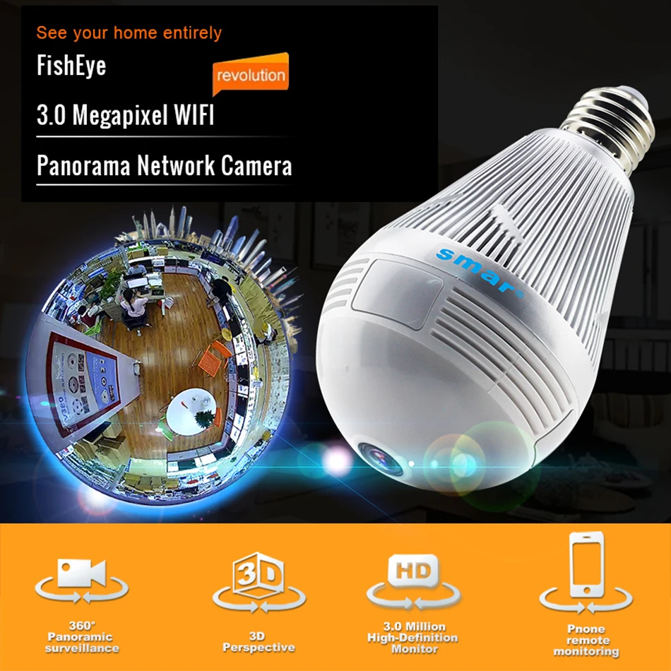 Sm3mp ламповый светильник Беспроводная ip-камера панорамная Wi-Fi рыбий глаз лампа камера 360 градусов Мини домашняя камера видеонаблюдения s