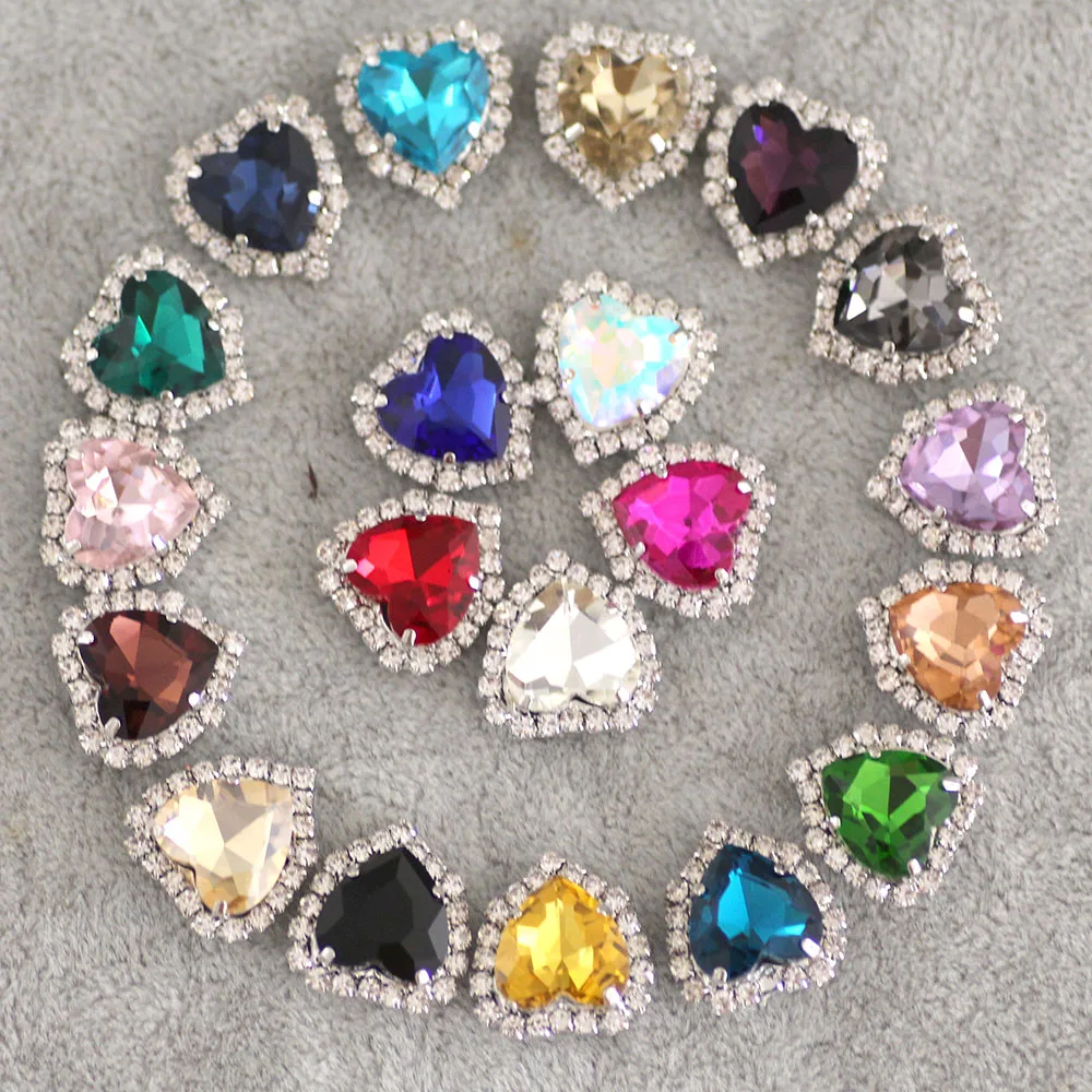 

20pcs Heart Shape Crystal Mix Color Sew On Rhinestone With Claw Setting Silver Crystal rhinestone Button With Holes For Clothing