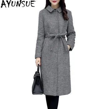 

AYUNSUE 2020 New Spring Autumn Wool Coat Women Long Plaid Houndstooth Woolen Female Jacket Elegant Womens Coats Sobretudo KJ748