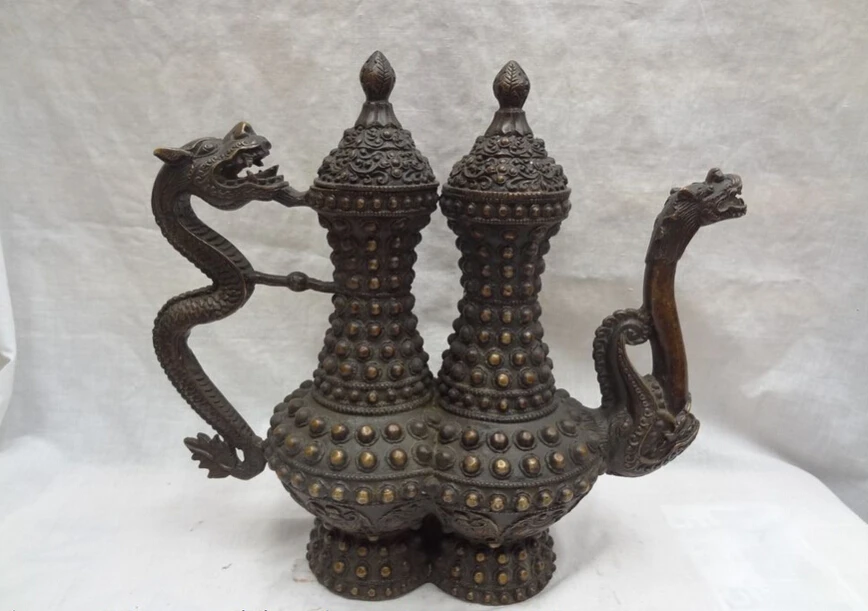 

Collectible bronze S1299 12" Chinese Bronze Buddhism Style Dragon Head Statue Siamesed Teapot Wine Pot B0403