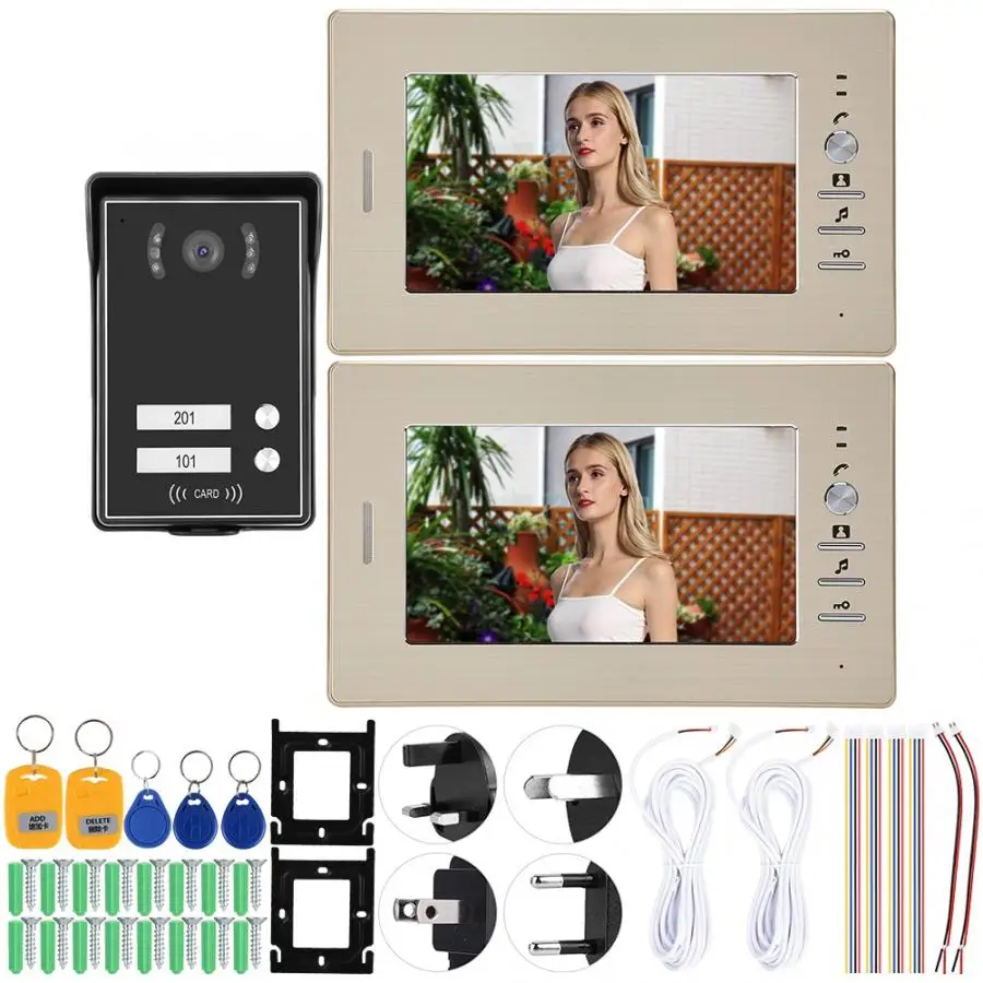 

110-240V HD 7inch Video Intercom 2 Monitors Doorphone System Smart Access Door Camera
