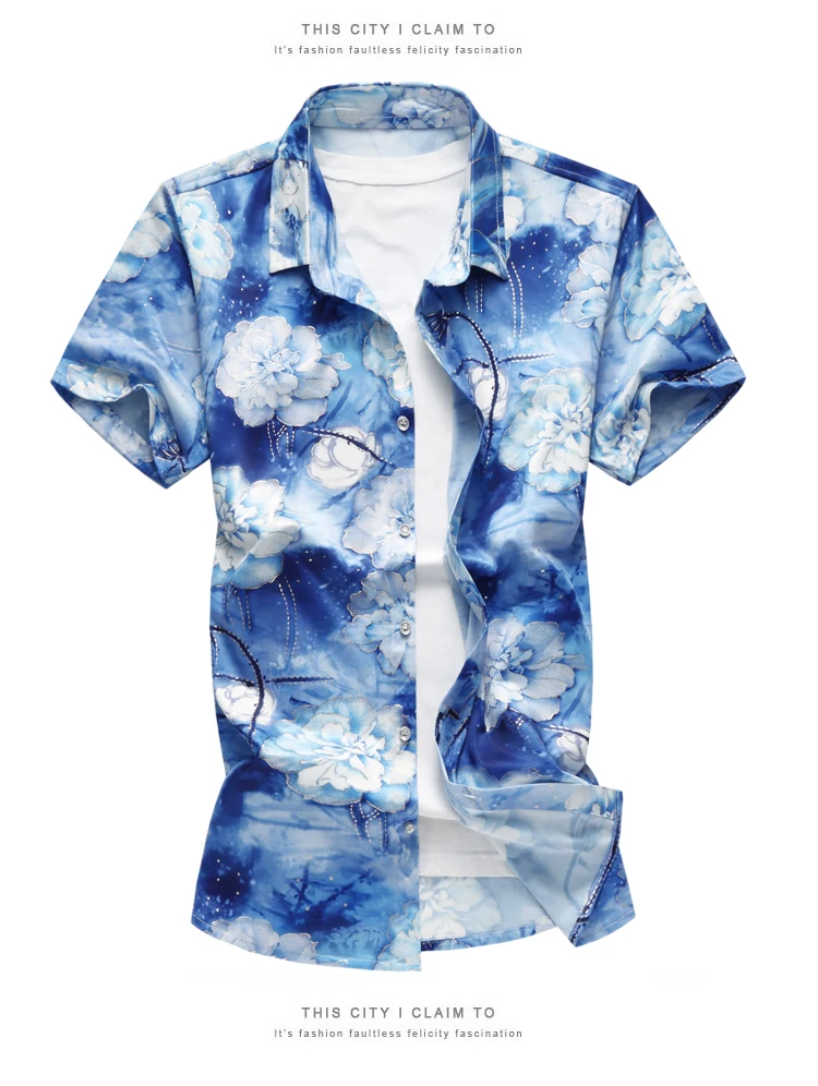 2019 новая стильная модная мужская летняя печатная версия Повседневная хлопковая рубашка с короткими рукавами/мужская приталенная