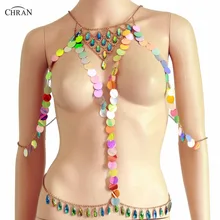 Chran Acrylic Gem Seascale Crop Top Belly Waist Belt Chain Necklace Rave Bra Bralete Ibiza Festival Costume Wear Jewelry CRS205 chran gem bead crop top chainmail rave bra black chain shoulder necklace ibiza sonar wear edm outfit body jewelry chain crn2801