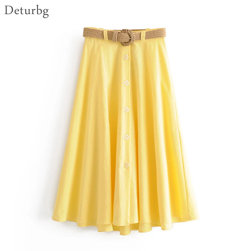 

Women Casual Cotton Linen Midi Skirt with Belt Ladies Elegant High Waist Yellow Single-breasted Beach Skirts Designer 2019 SK381