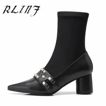 

RLINF New Net Red Elastic Pointed Pearl Thick High Heel Leather Female Short Boots