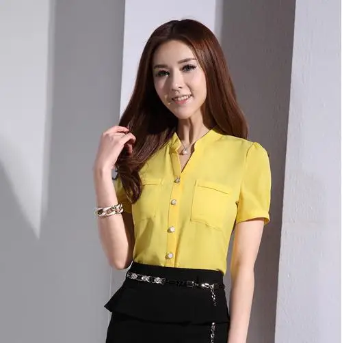 New 2015 Novelty Fashion Yellow Blouses Women Short Sleeve Shirts ...