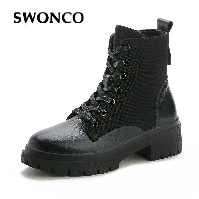 

SWONCO Genunie Leather Ankle Snow Boots Women Canvas Sneakers High Top 2019 Winter Velvet Fur Warm Ankle Boots For Women Casual