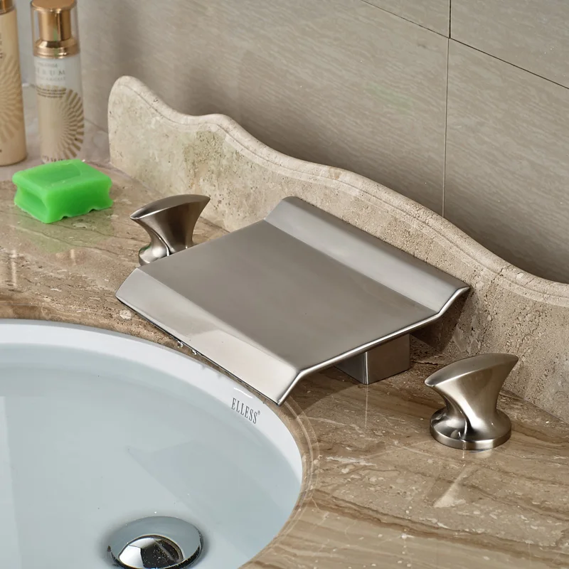 Newly Dual Handles 3 Holes Hot Cold Water Basin Faucet Deck Mount Brushed Nickel Bathroom Mixer Taps цена Newly Dual Handles 3 Holes Hot Cold Water Basin Faucet Deck Mount Brushed Nickel Bathroom Mixer Taps цены онлайн