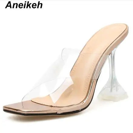 Champagne Aneikeh/ г. Модные женские шлепанцы из ПВХ новые летние прозрачные туфли с квадратным носком Повседневные Вечерние туфли из PU искусственной кожи на тонком каблуке, цвет желтый, шампань, Размеры 35-42 - Цвет: Champagne