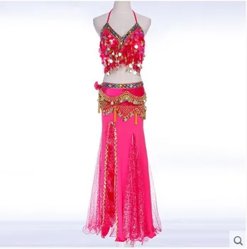 

New style belly dance costumes senior sexy sequins bra top+skirt+coins belt 3pcs belly dance set for women belly dance suits