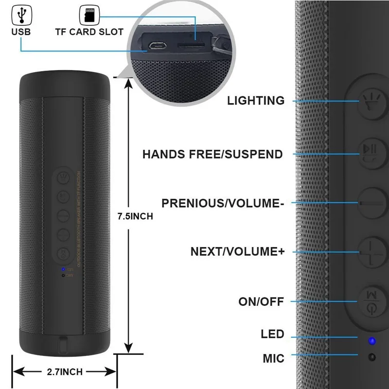 T2 Беспроводной Портативный стереоколонка Системы блютут говорители с фонарик IPX5 водоотталкивающий